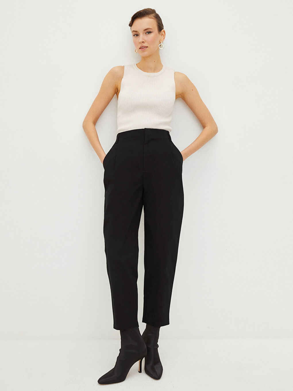 بنطلون سادة عالي الخصر بقصة عادية للسيدات-1