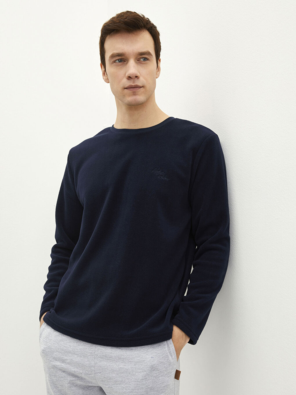 Lacivert Bisiklet Yaka Uzun Kollu Pamuklu Erkek Atlet-1