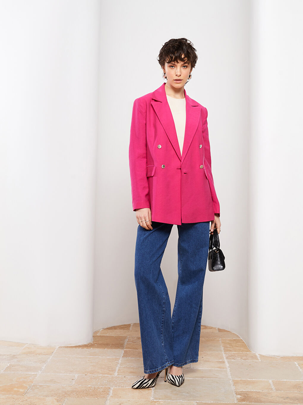 Fuşya Önden Düğme Kapamalı Düz Uzun Kollu Kadın Blazer Ceket-5