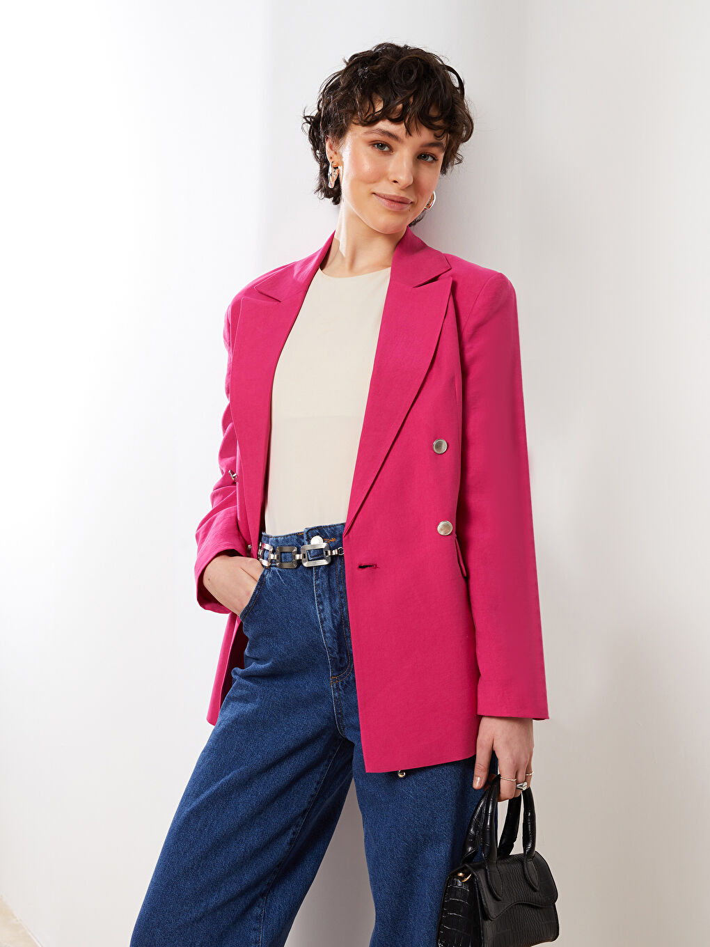 Fuşya Önden Düğme Kapamalı Düz Uzun Kollu Kadın Blazer Ceket-6