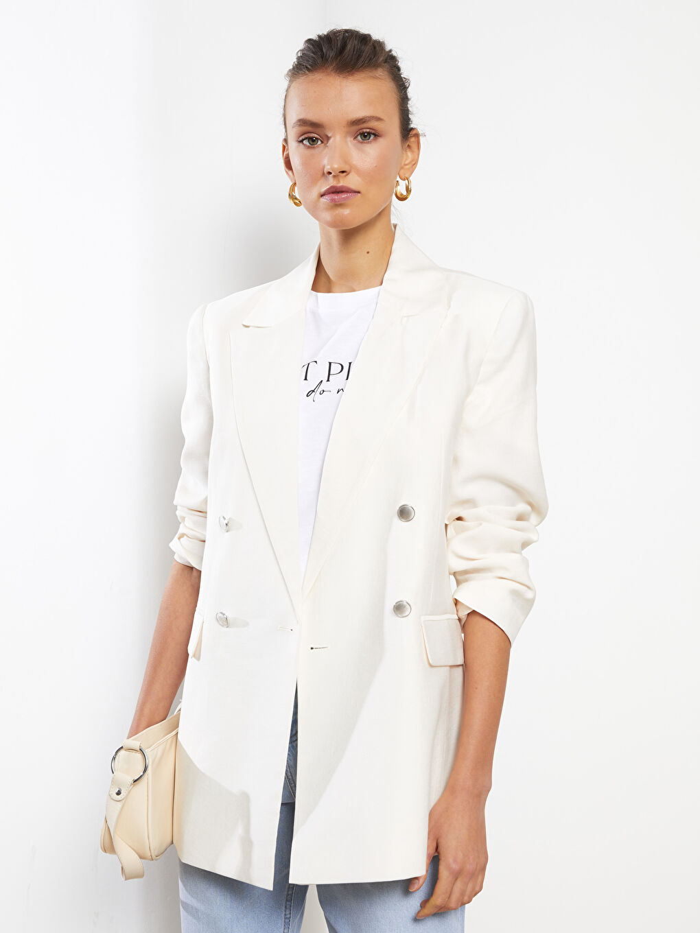 Ekru Önden Düğme Kapamalı Düz Uzun Kollu Kadın Blazer Ceket-1