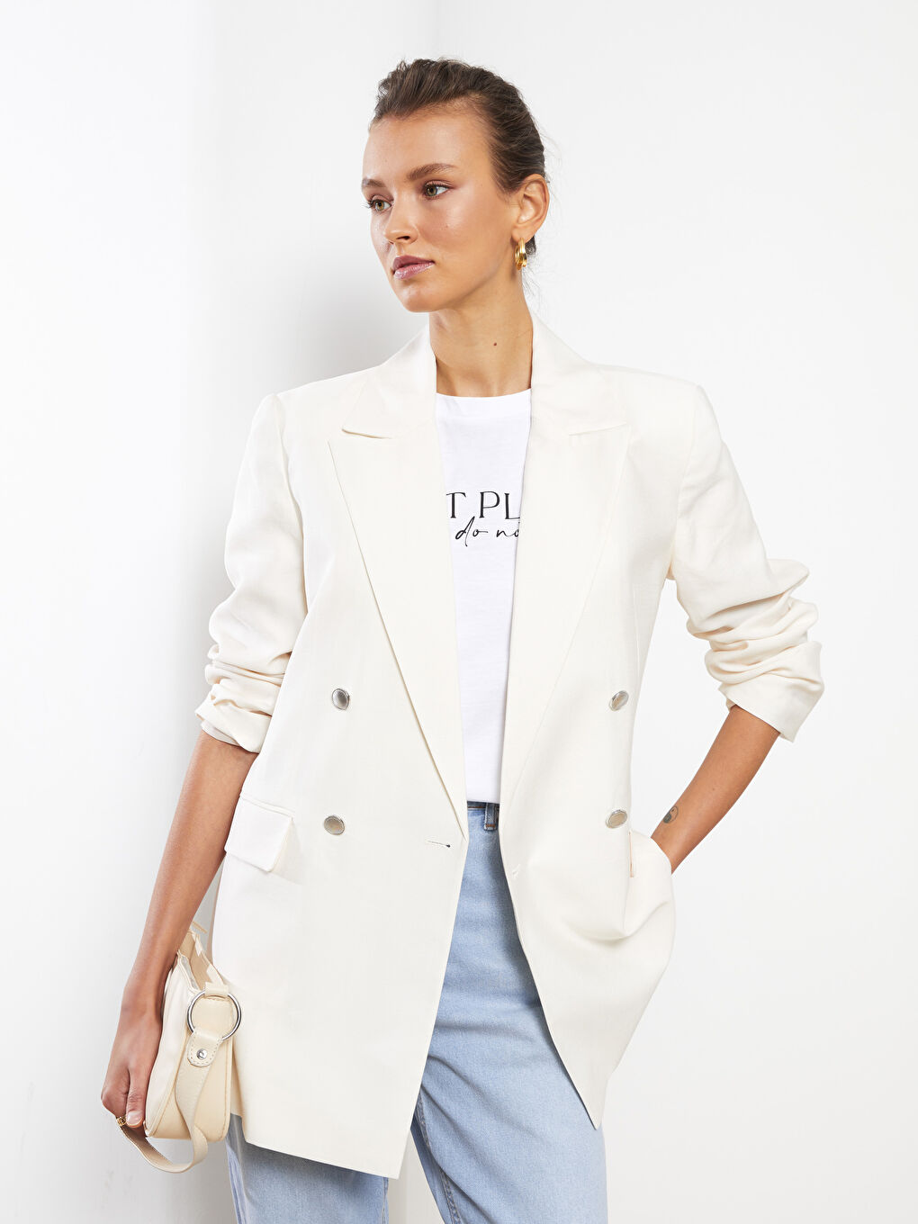 Ekru Önden Düğme Kapamalı Düz Uzun Kollu Kadın Blazer Ceket-2