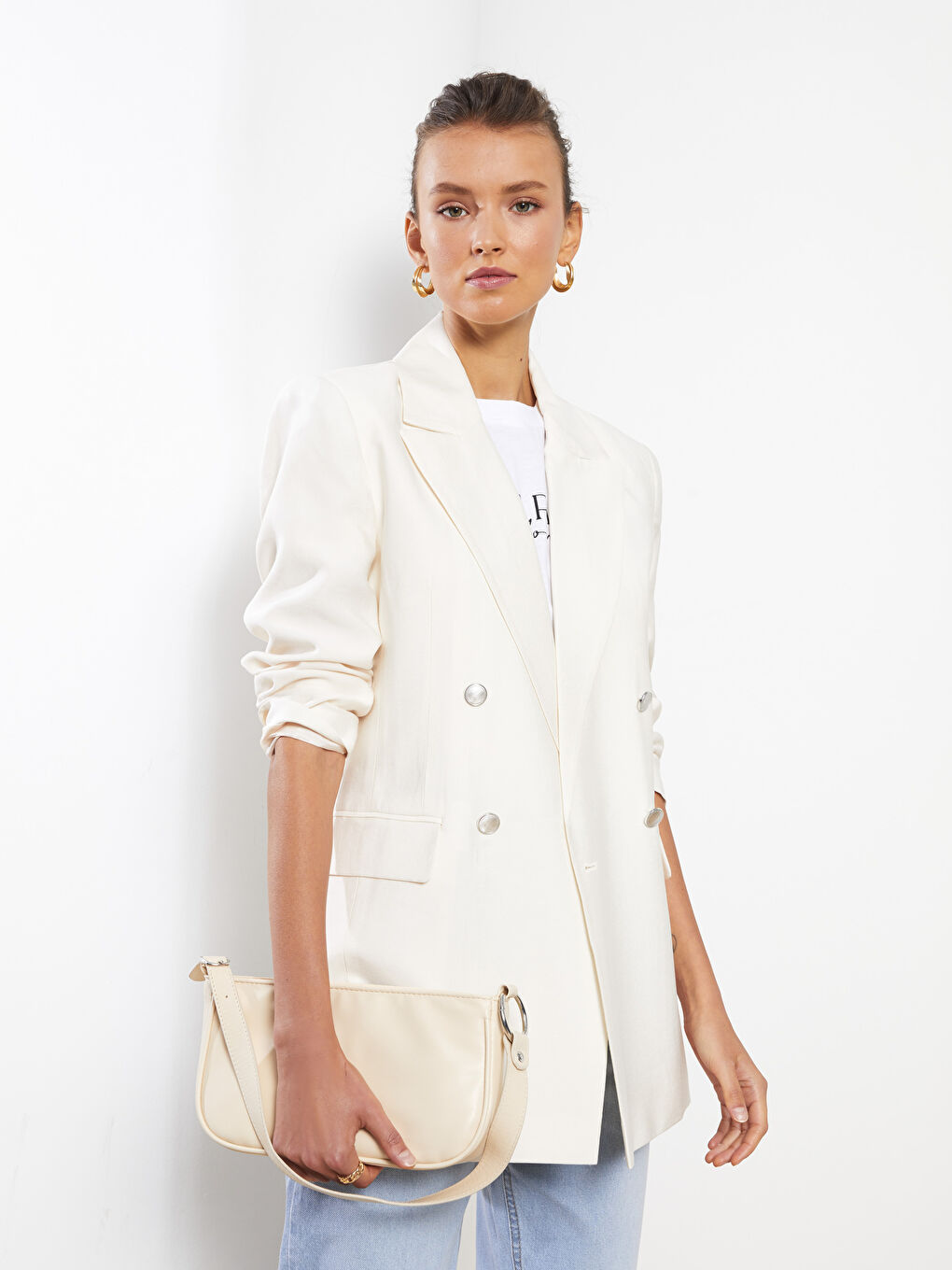 Ekru Önden Düğme Kapamalı Düz Uzun Kollu Kadın Blazer Ceket-3