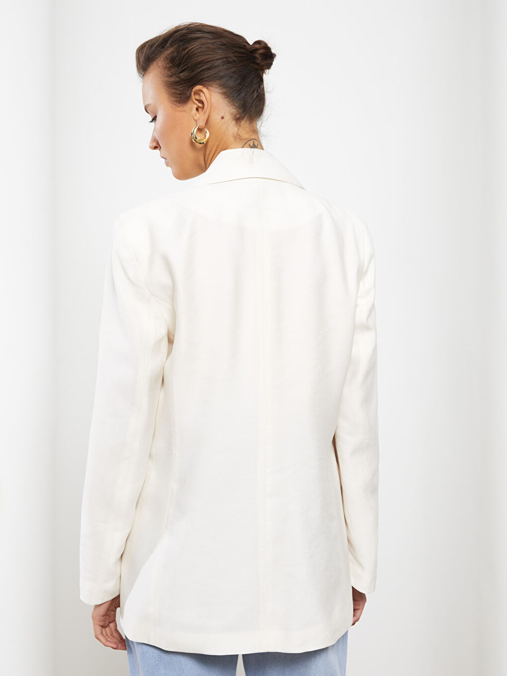 Ekru Önden Düğme Kapamalı Düz Uzun Kollu Kadın Blazer Ceket-5