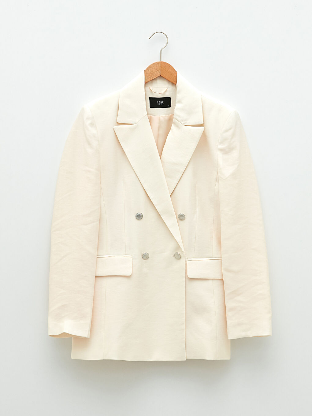 Ekru Önden Düğme Kapamalı Düz Uzun Kollu Kadın Blazer Ceket-6