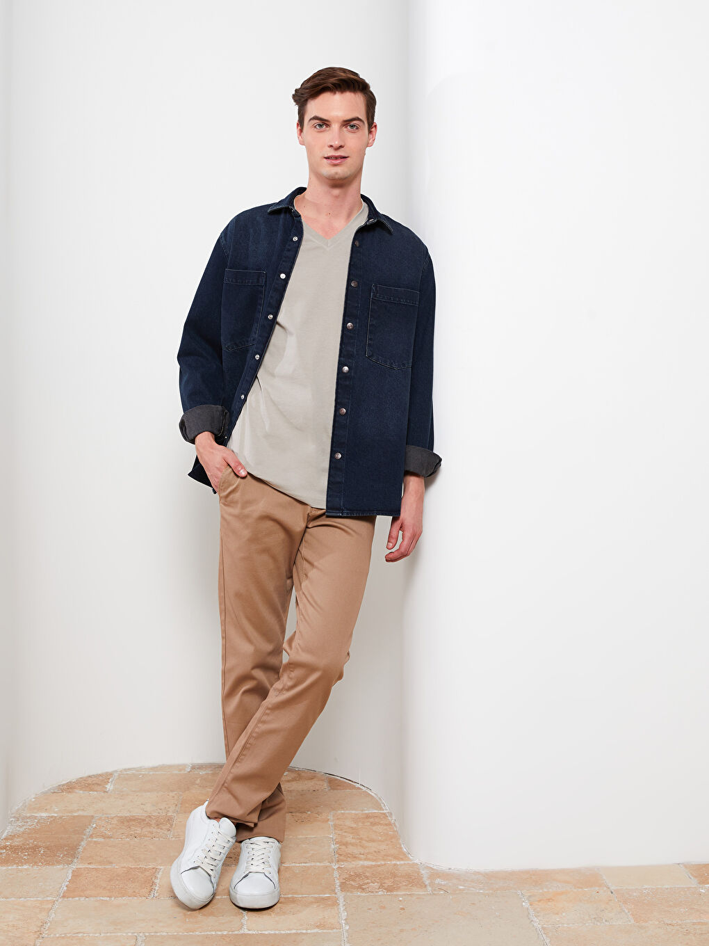 Bej Slim Fit Gabardin Erkek Pantolon-1