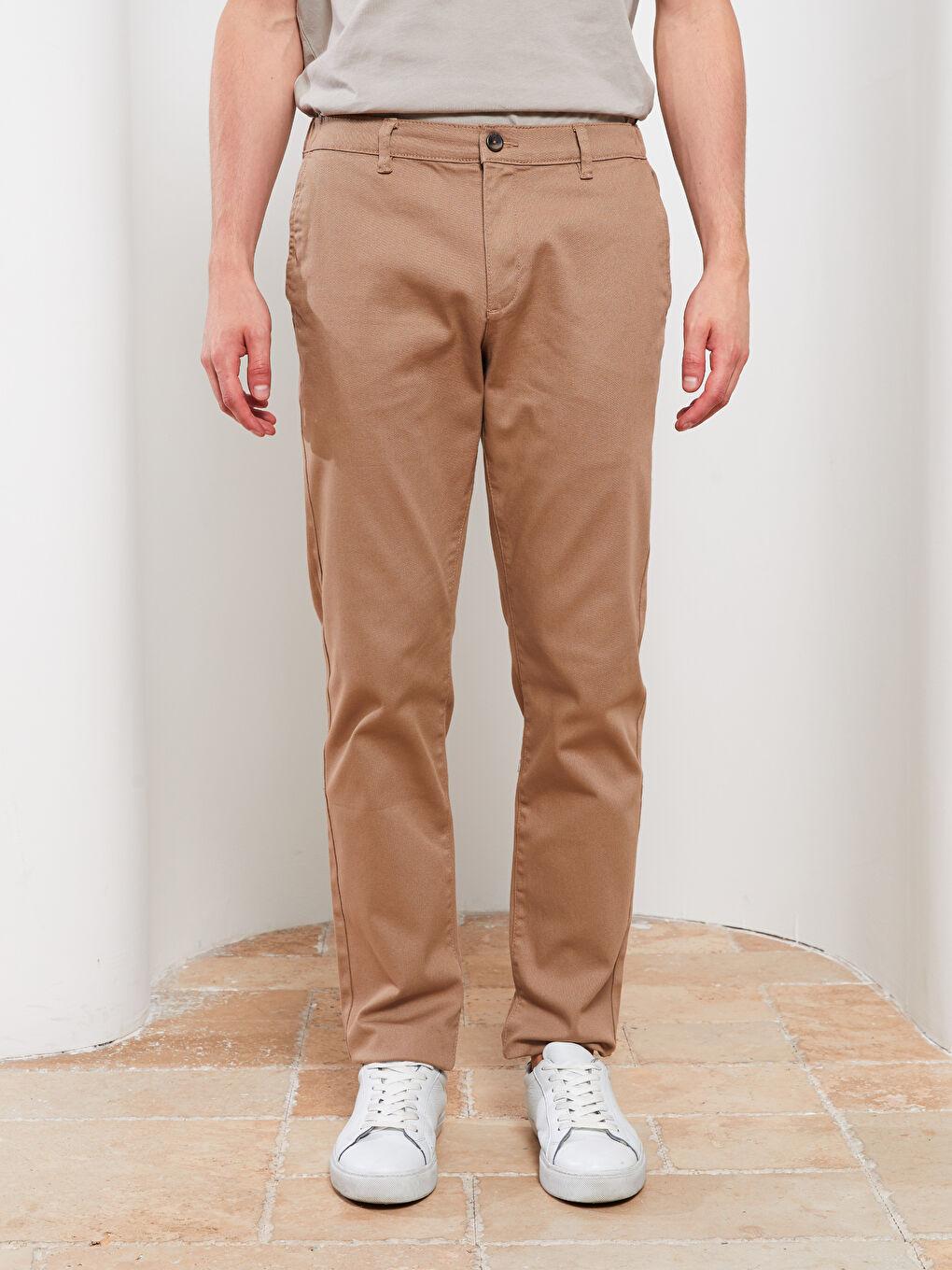 Bej Slim Fit Gabardin Erkek Pantolon-2