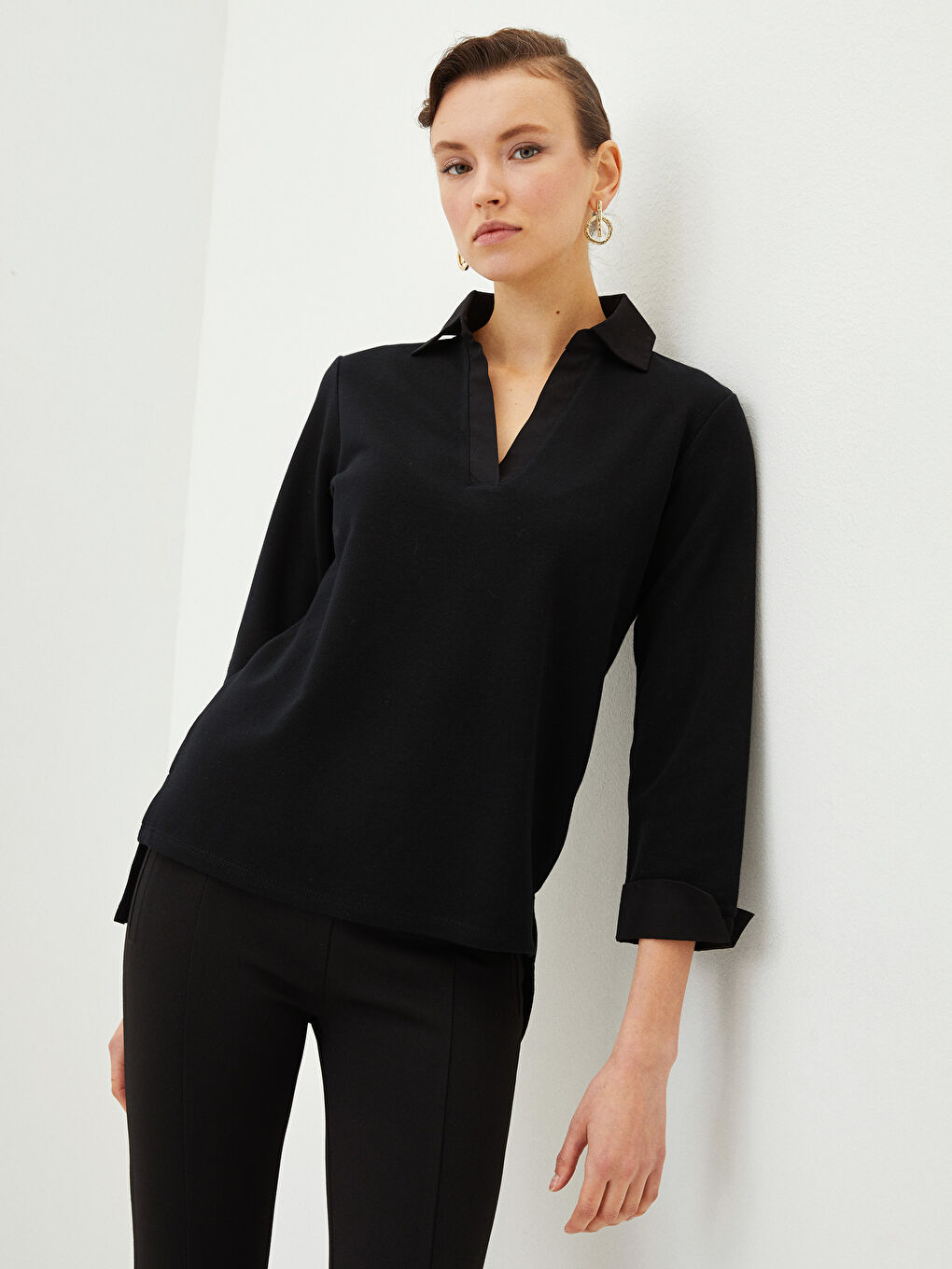 Siyah Polo Yaka Düz Uzun Kollu Kadın Sweatshirt