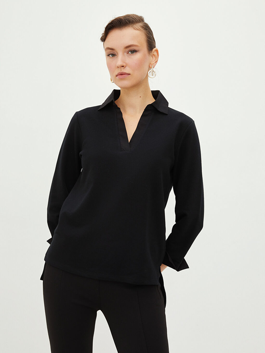 Siyah Polo Yaka Düz Uzun Kollu Kadın Sweatshirt-1