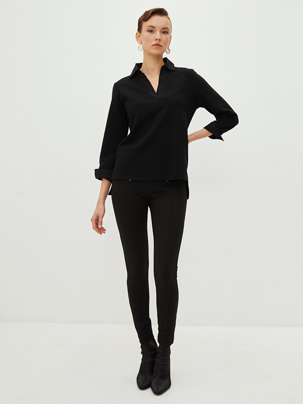 Siyah Polo Yaka Düz Uzun Kollu Kadın Sweatshirt-2