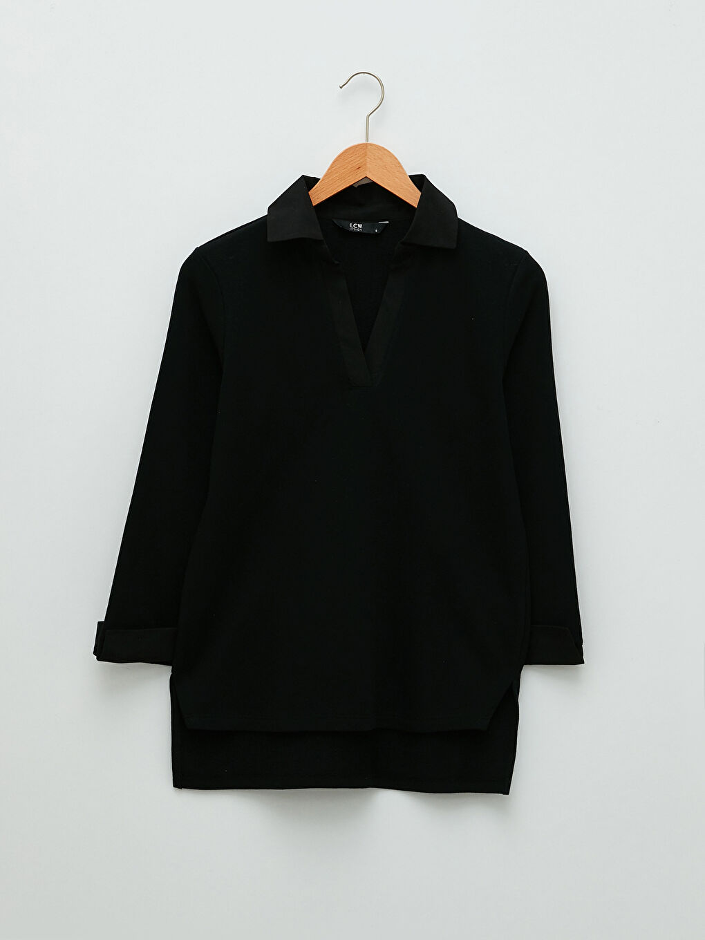 Siyah Polo Yaka Düz Uzun Kollu Kadın Sweatshirt-5