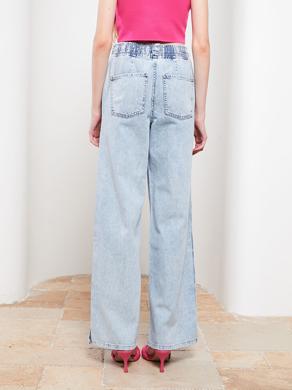 İndigo Yüksek Bel Wideleg Cep Detaylı Kadın Rodeo Jean Pantolon-4