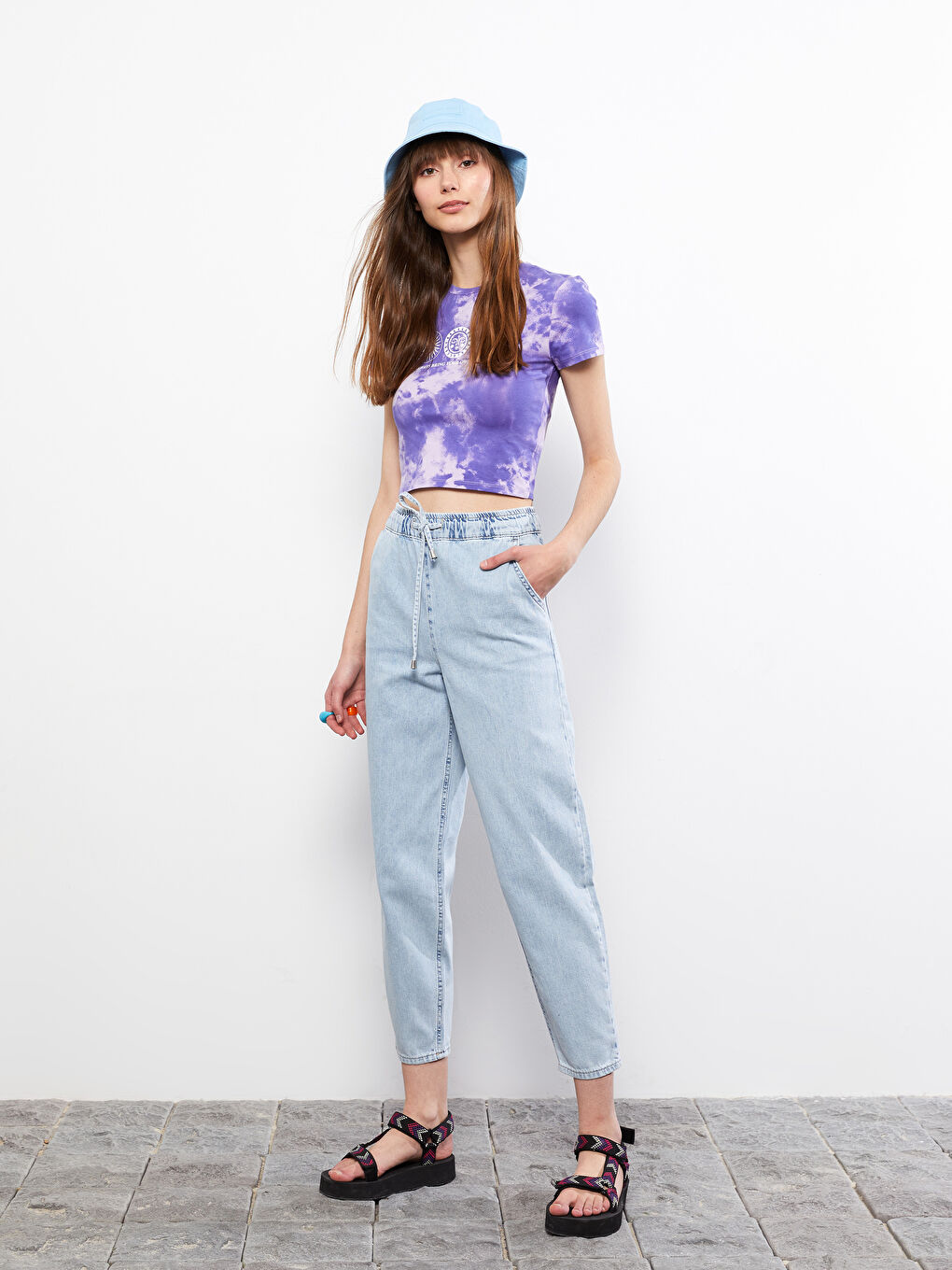 İndigo Yüksek Bel Mom Fit Düz Cep Detaylı Kadın Rodeo Jean Pantolon-1