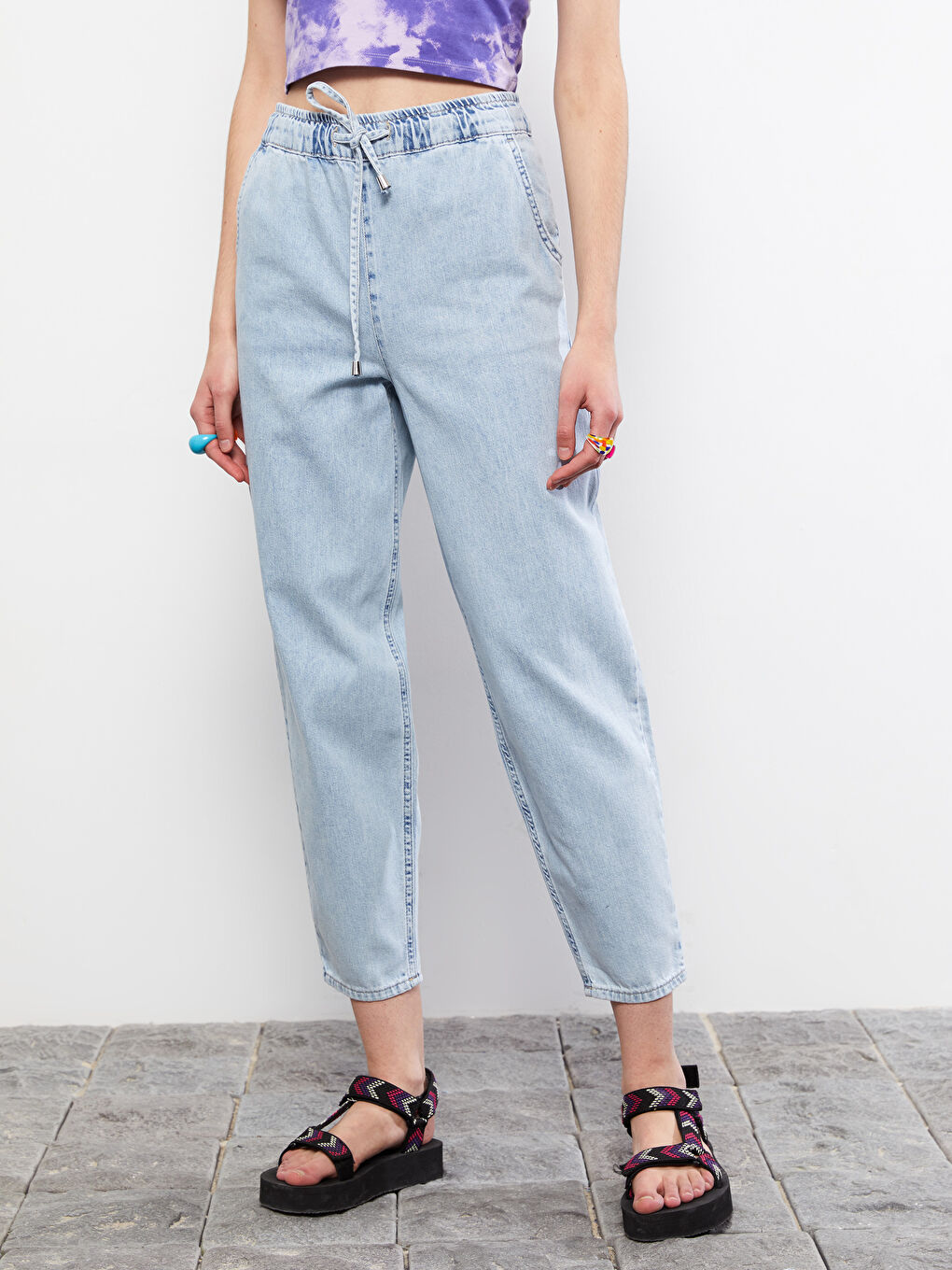 İndigo Yüksek Bel Mom Fit Düz Cep Detaylı Kadın Rodeo Jean Pantolon-2