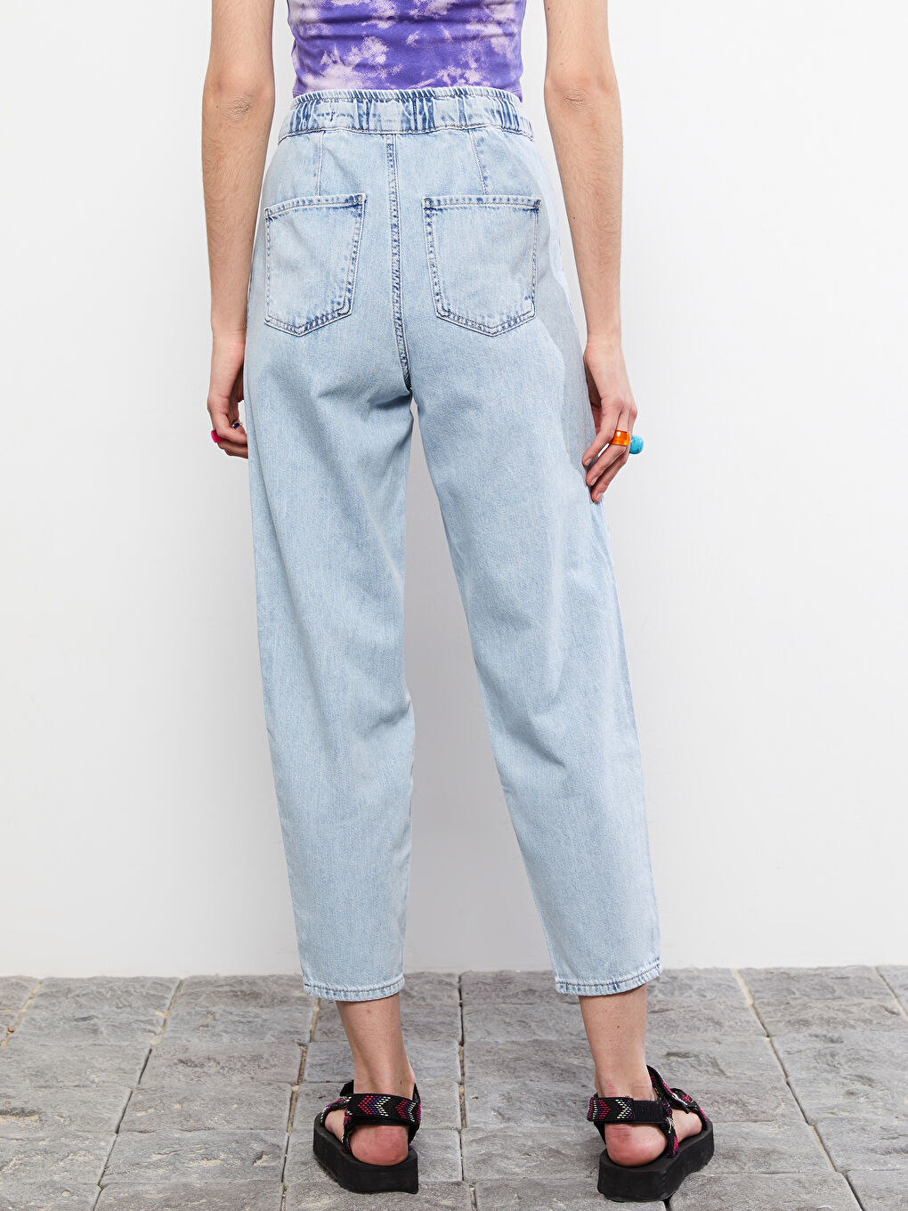 İndigo Yüksek Bel Mom Fit Düz Cep Detaylı Kadın Rodeo Jean Pantolon-3