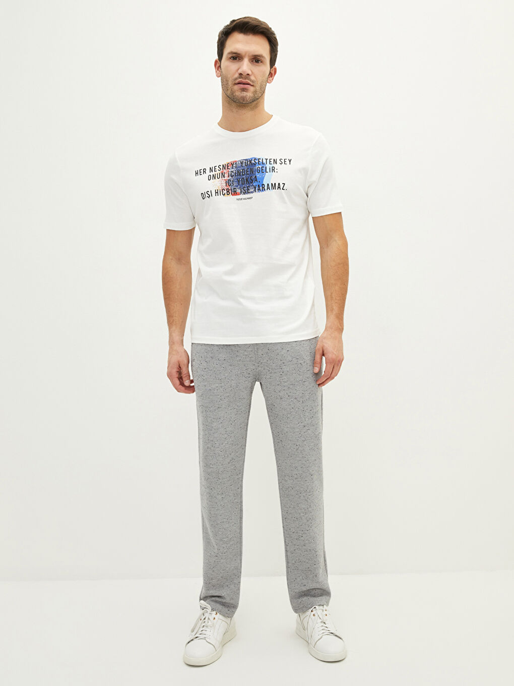 Ekru Bisiklet Yaka Kısa Kollu Baskılı Penye Erkek Tişört-2