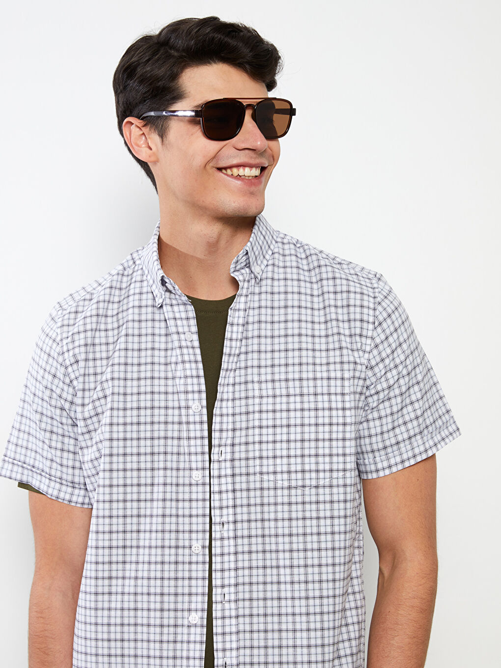 Mavi Regular Fit Kısa Kollu Ekose Oxford Erkek Gömlek-1