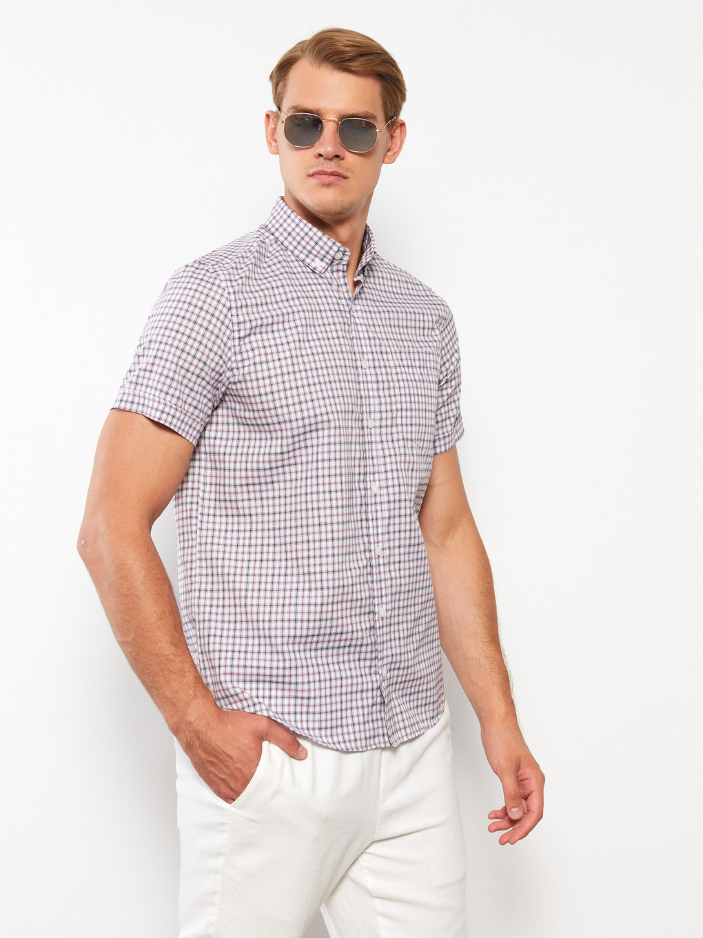 Regular Fit Short Sleeve Plaid Oxford Men's Shirt