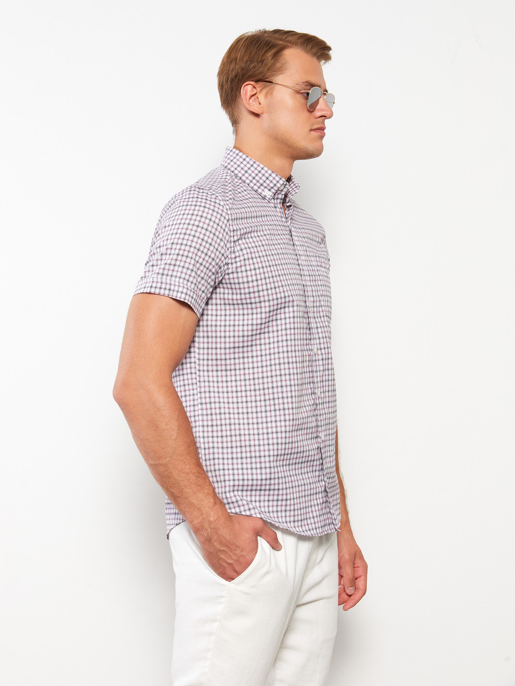 Regular Fit Short Sleeve Plaid Oxford Men's Shirt-2