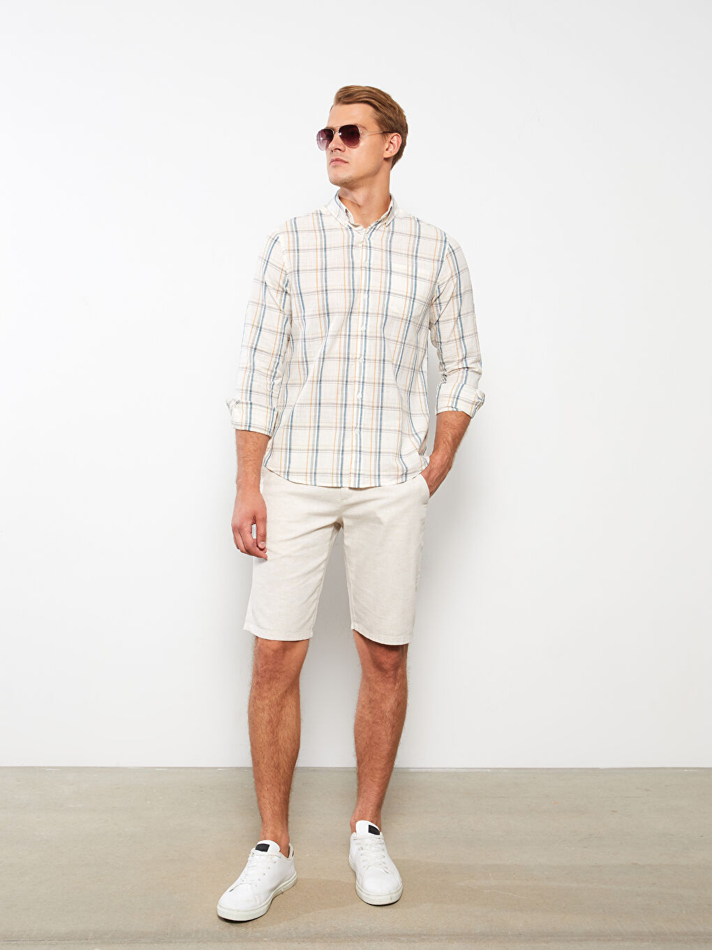 Ekru Regular Fit Uzun Kollu Ekose Poplin Erkek Gömlek