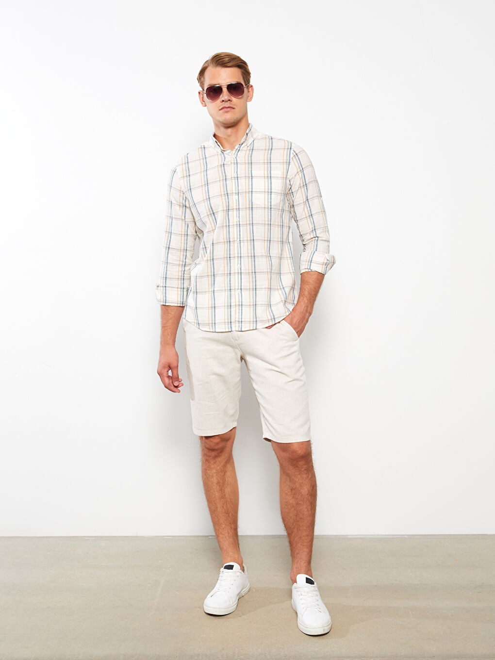 Ekru Regular Fit Uzun Kollu Ekose Poplin Erkek Gömlek-1