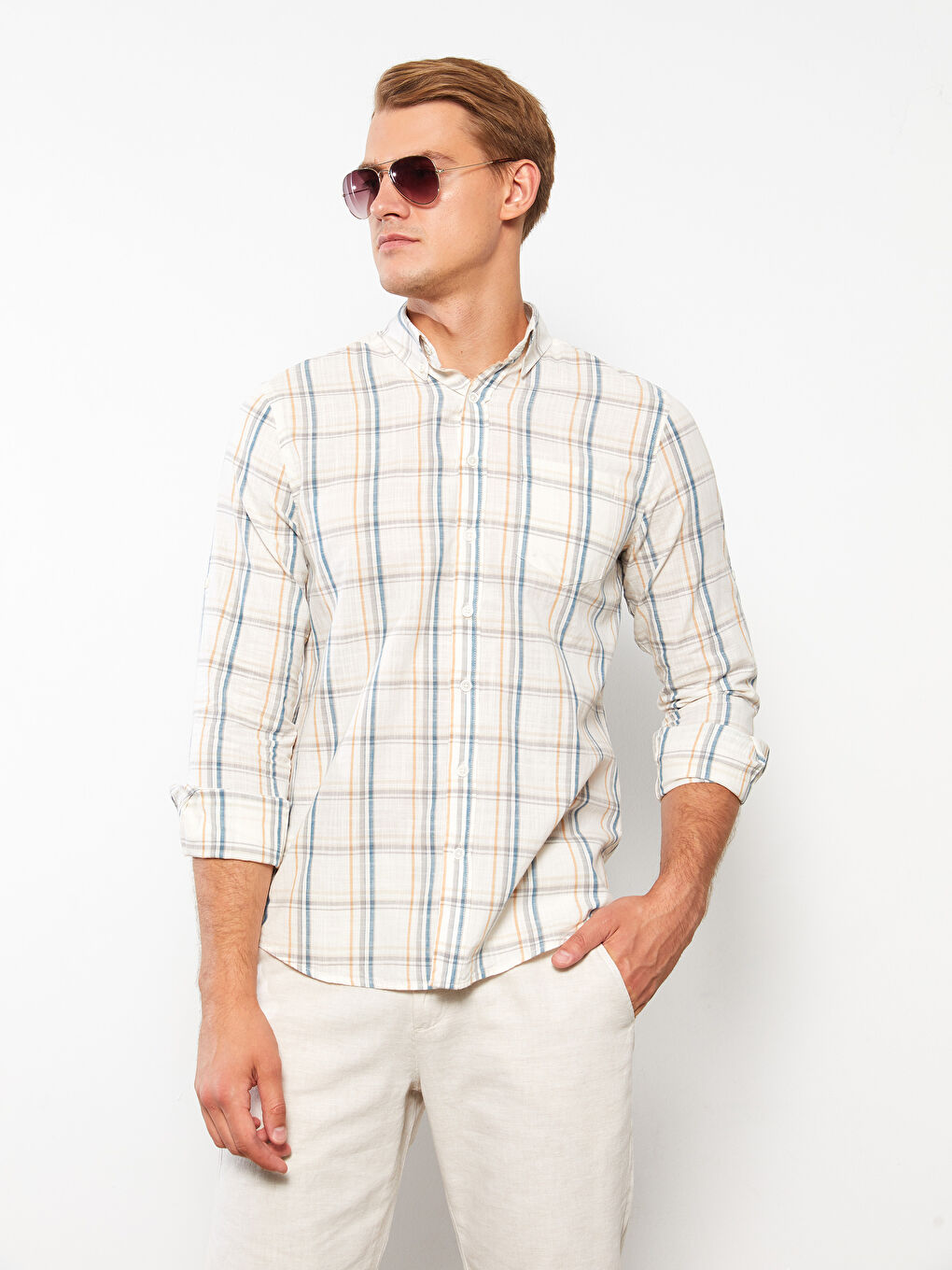 Ekru Regular Fit Uzun Kollu Ekose Poplin Erkek Gömlek-2