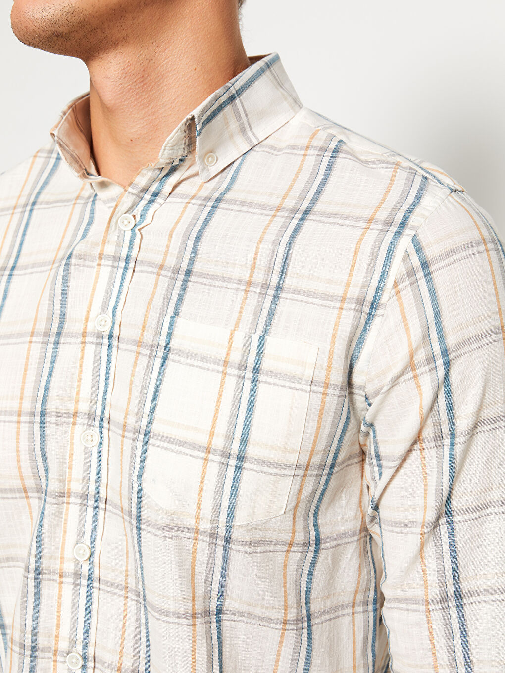 Ekru Regular Fit Uzun Kollu Ekose Poplin Erkek Gömlek-3