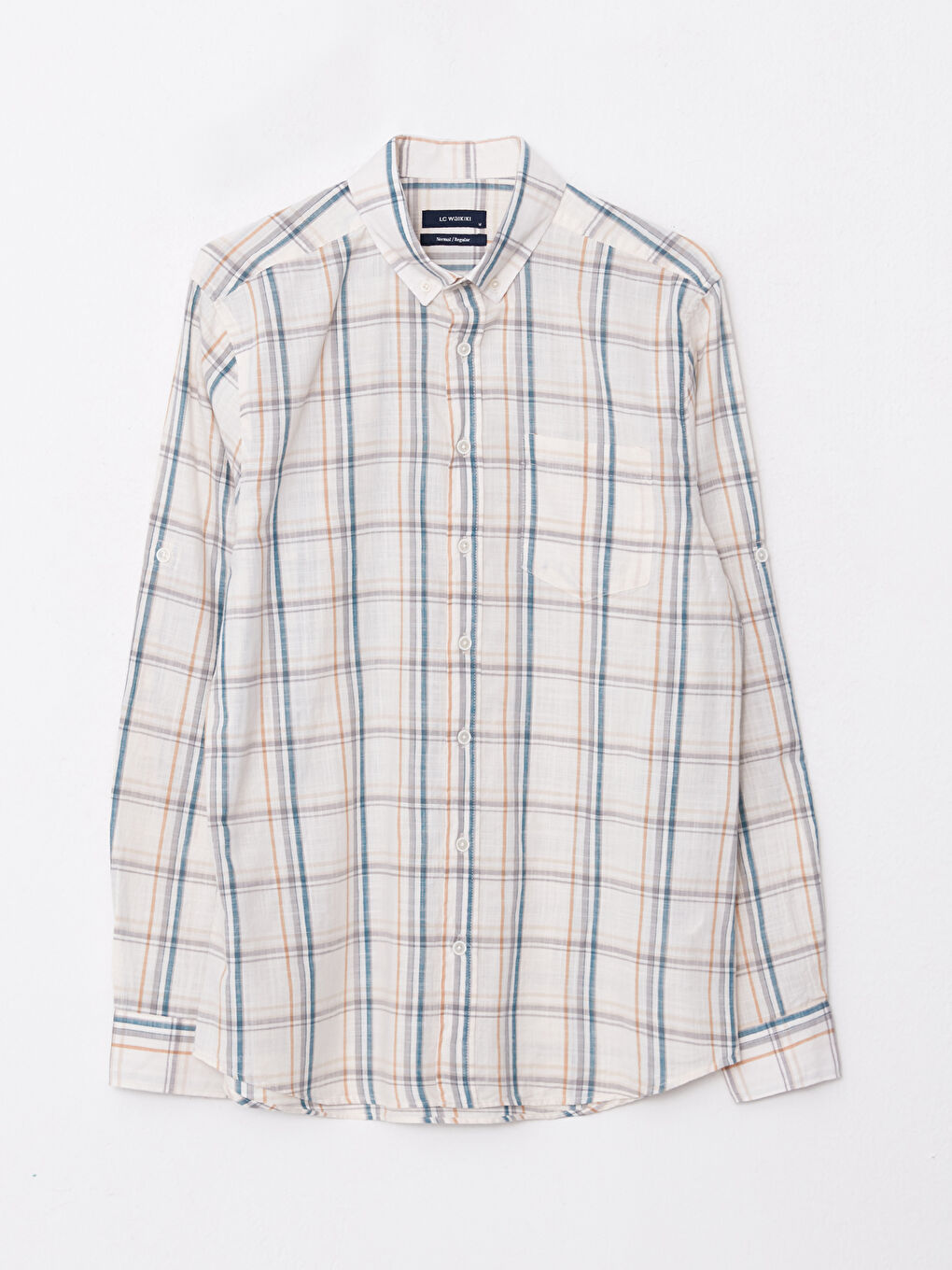 Ekru Regular Fit Uzun Kollu Ekose Poplin Erkek Gömlek-5