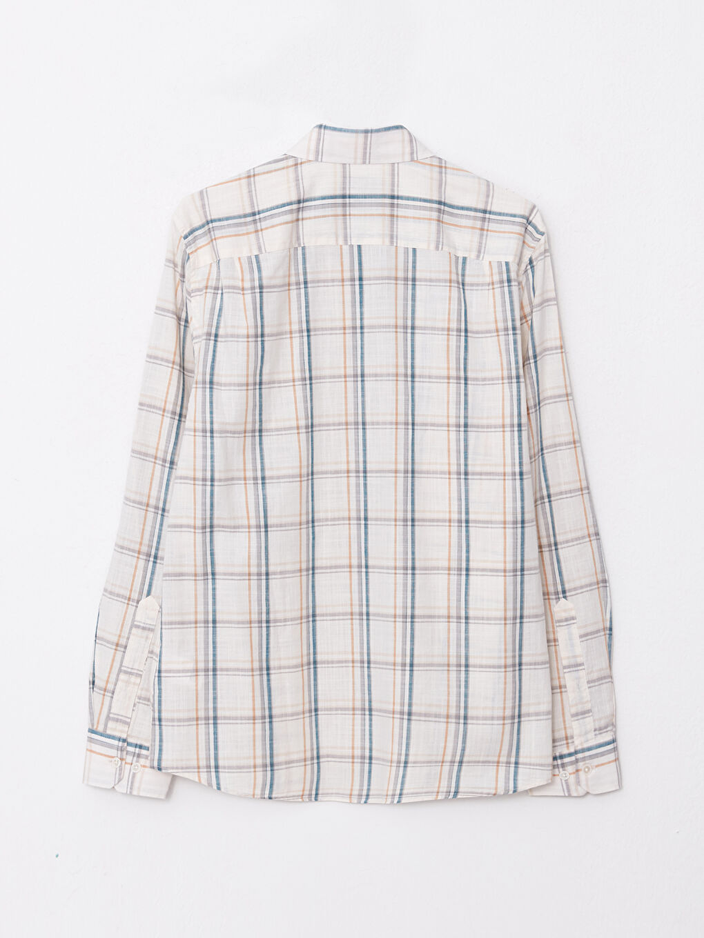 Ekru Regular Fit Uzun Kollu Ekose Poplin Erkek Gömlek-6