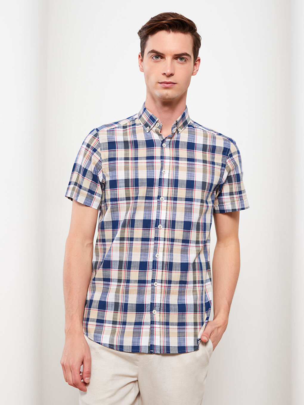 Haki Slim Fit Kısa Kollu Ekose Erkek Gömlek