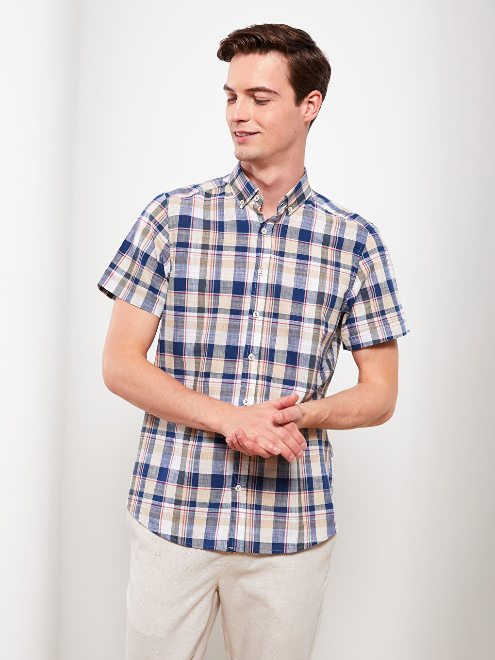 Haki Slim Fit Kısa Kollu Ekose Erkek Gömlek-1