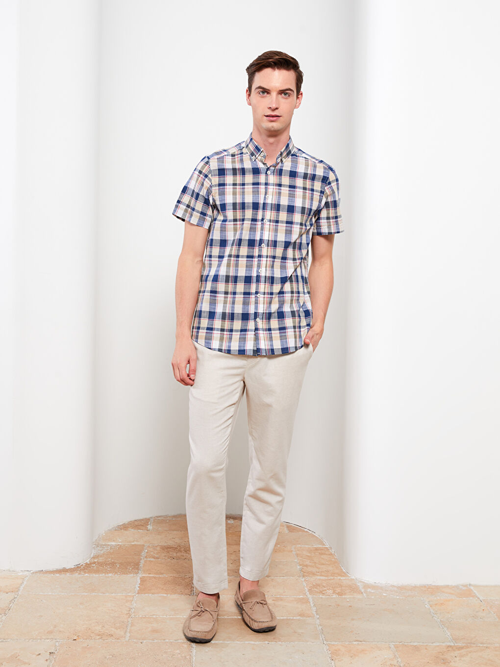 Haki Slim Fit Kısa Kollu Ekose Erkek Gömlek-2