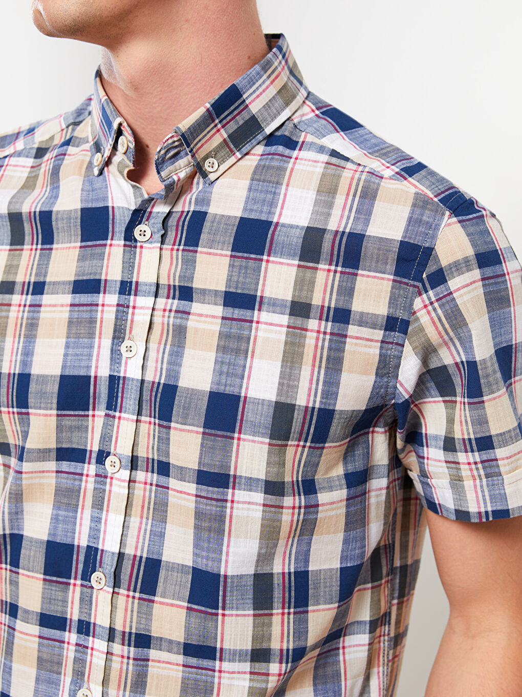 Haki Slim Fit Kısa Kollu Ekose Erkek Gömlek-3