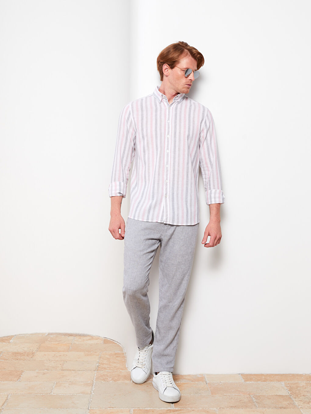 Pembe Regular Fit Uzun Kollu Çizgili Erkek Gömlek