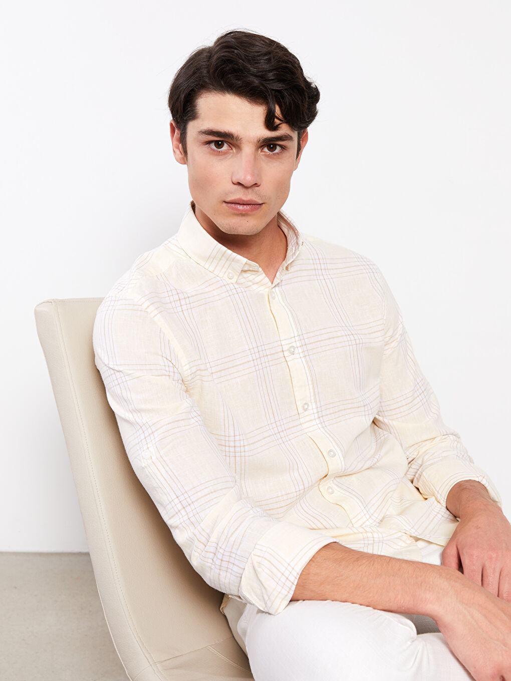 Sarı Regular Fit Uzun Kollu Ekose Keten Karışımlı Erkek Gömlek