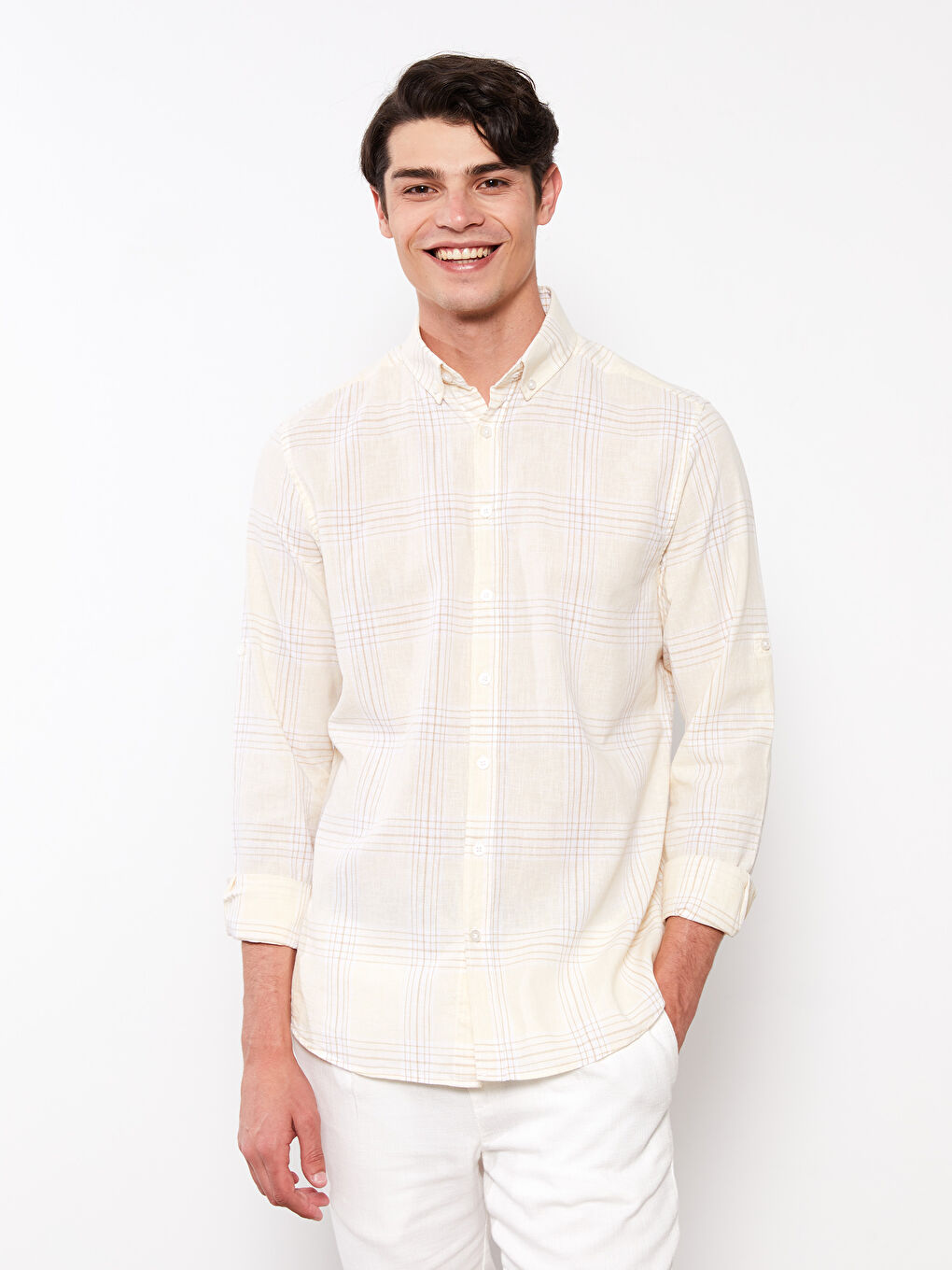 Sarı Regular Fit Uzun Kollu Ekose Keten Karışımlı Erkek Gömlek-1