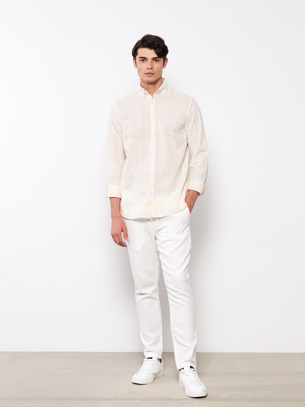 Sarı Regular Fit Uzun Kollu Ekose Keten Karışımlı Erkek Gömlek-2