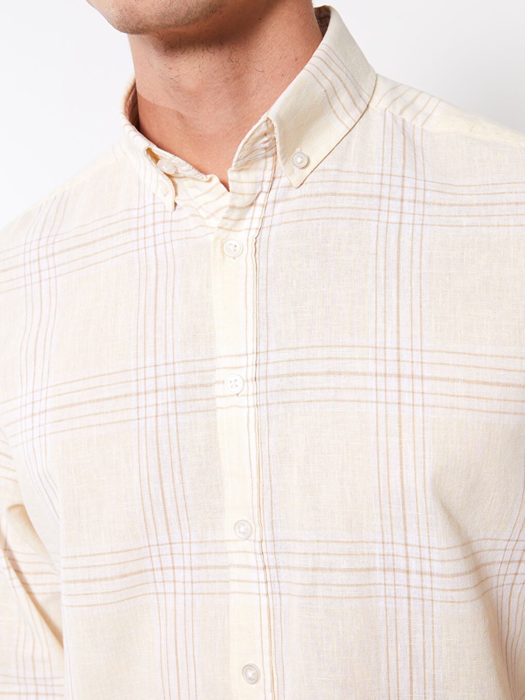 Sarı Regular Fit Uzun Kollu Ekose Keten Karışımlı Erkek Gömlek-3