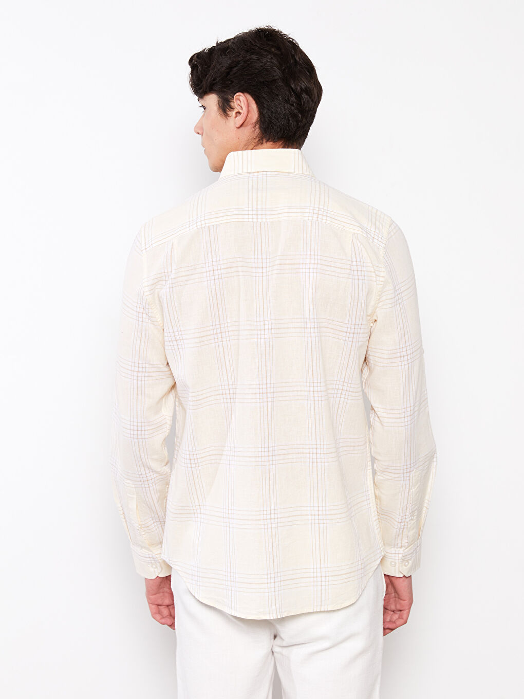 Sarı Regular Fit Uzun Kollu Ekose Keten Karışımlı Erkek Gömlek-4