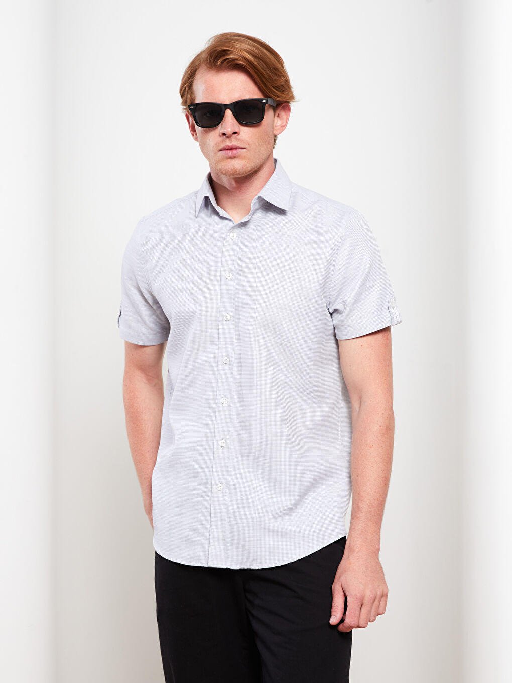 Gri Regular Fit Kısa Kollu Armürlü Erkek Gömlek-1