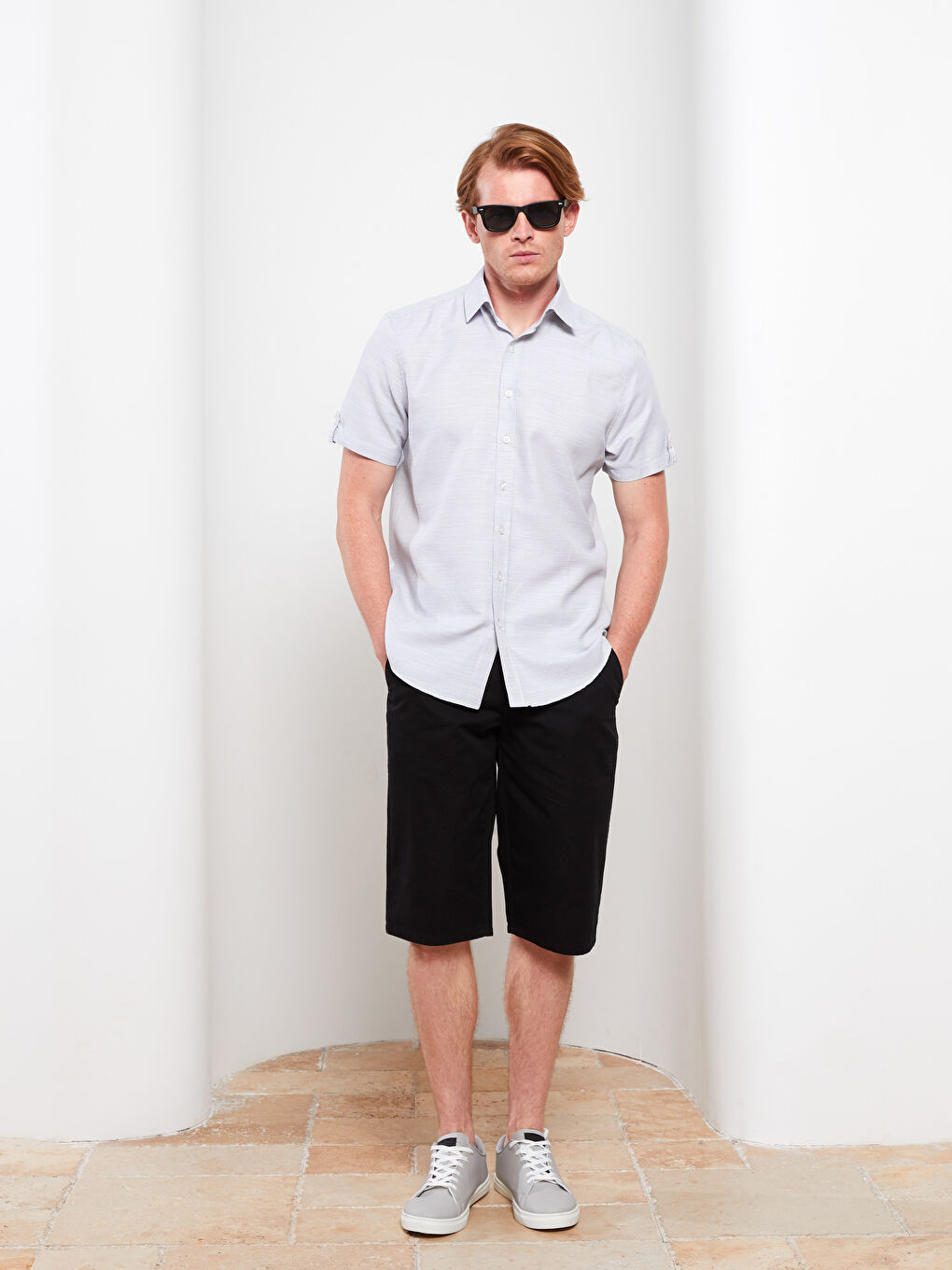 Gri Regular Fit Kısa Kollu Armürlü Erkek Gömlek-2