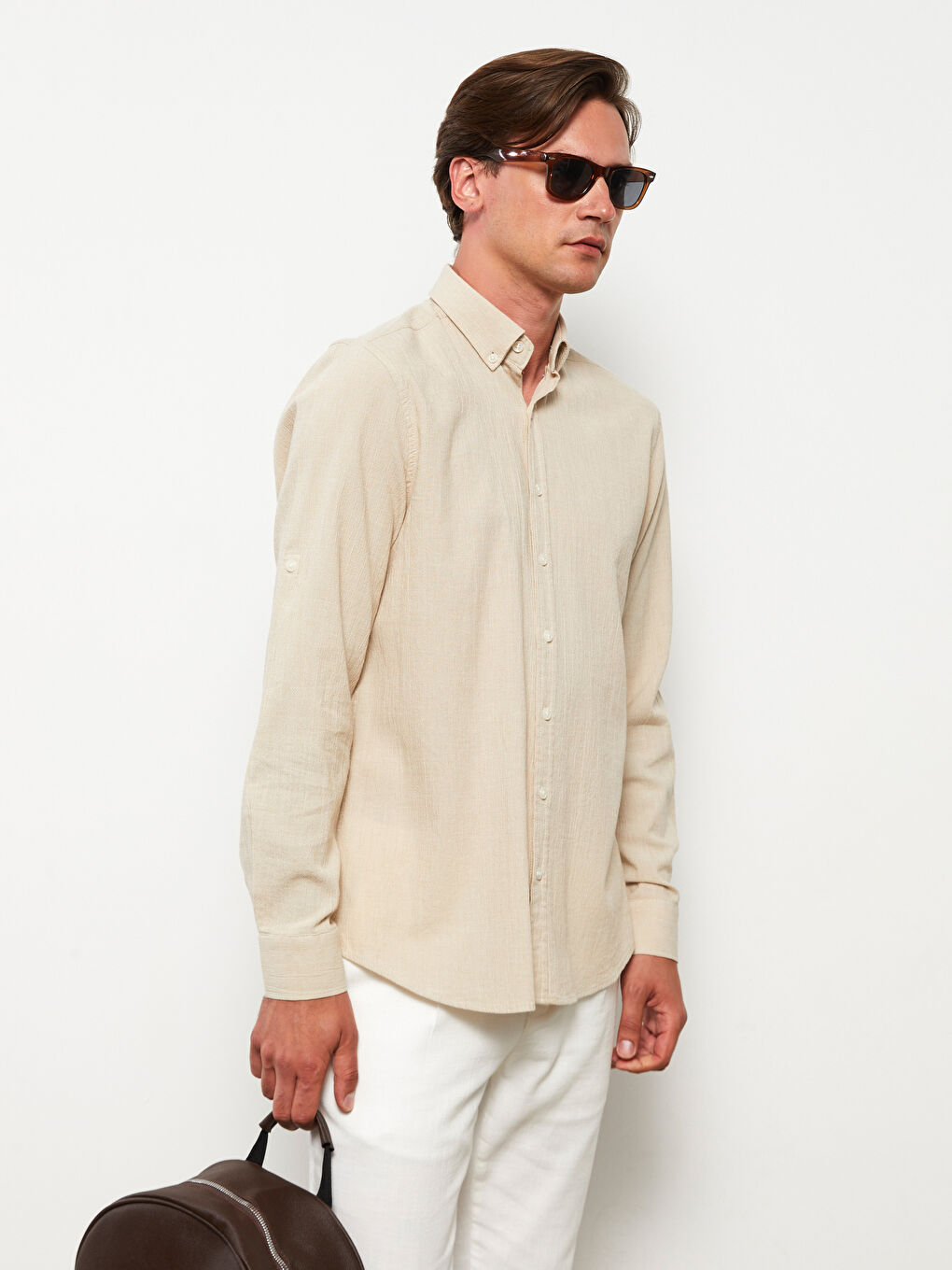 Bej Regular Fit Uzun Kollu Erkek Gömlek-1