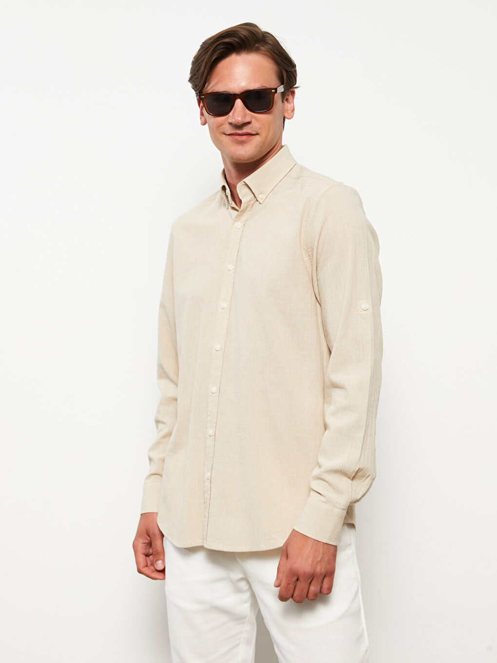 Bej Regular Fit Uzun Kollu Erkek Gömlek-2