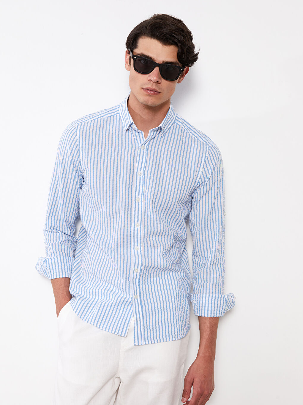 Mavi Slim Fit Uzun Kollu Çizgili Erkek Gömlek-2