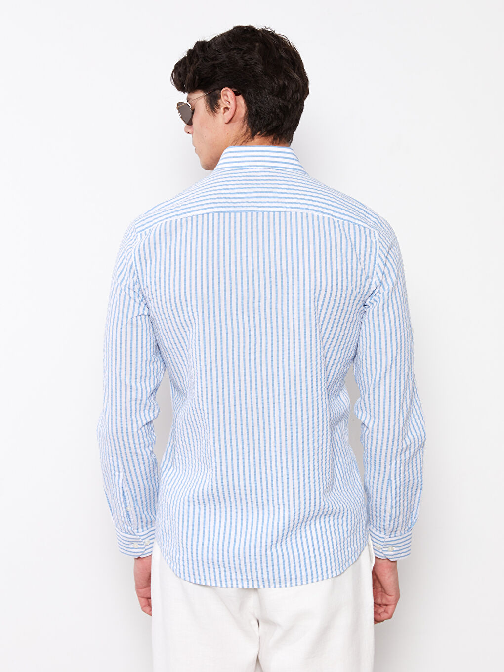 Mavi Slim Fit Uzun Kollu Çizgili Erkek Gömlek-4