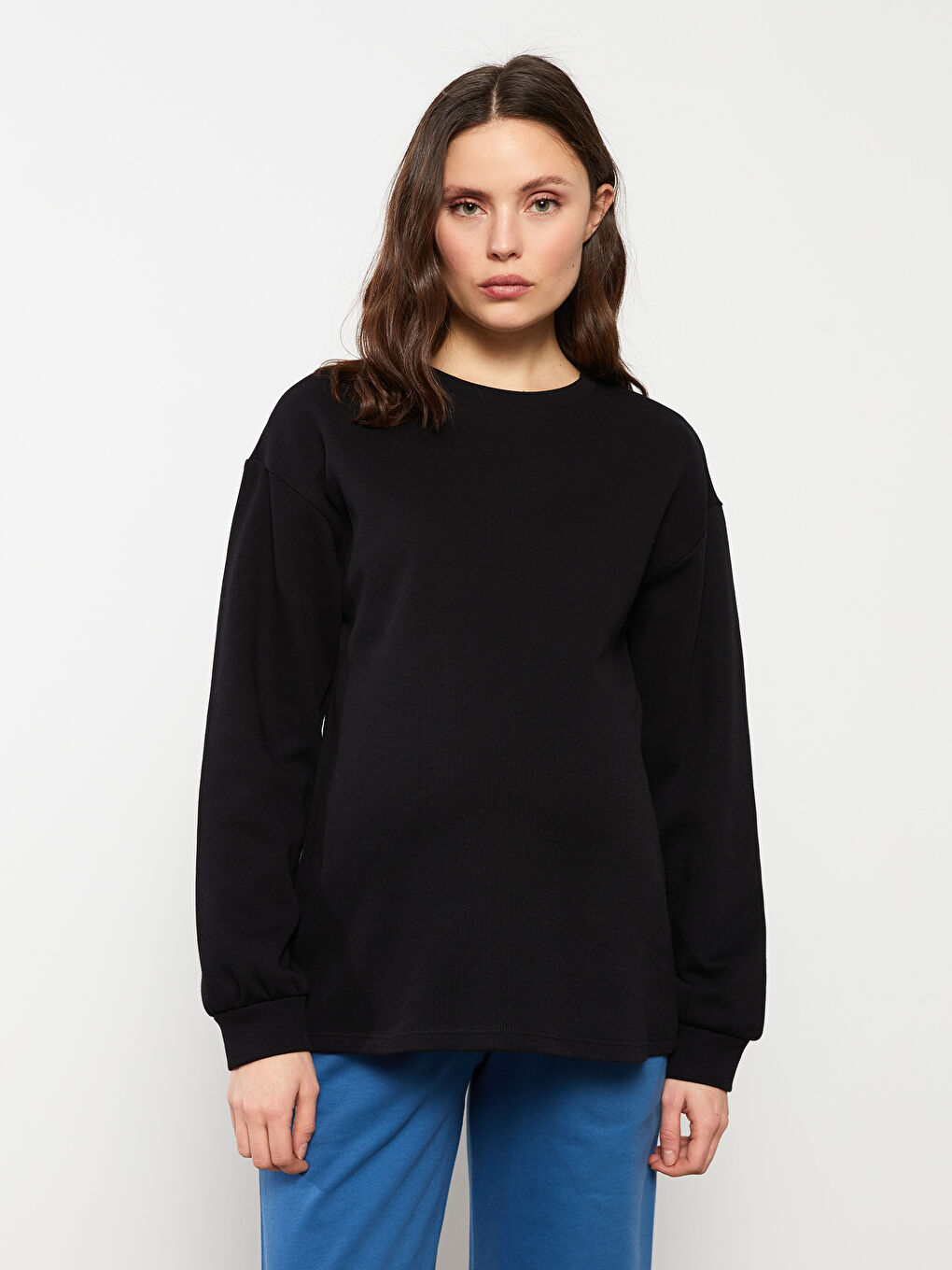 LCWAIKIKI Maternity Yeni Siyah Bisiklet Yaka Düz Uzun Kollu Pamuklu Hamile Sweatshirt