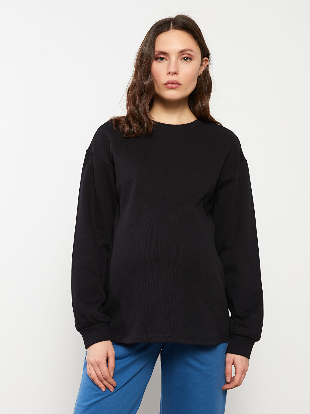 LCWAIKIKI Maternity Yeni Siyah Bisiklet Yaka Düz Uzun Kollu Pamuklu Hamile Sweatshirt - 1