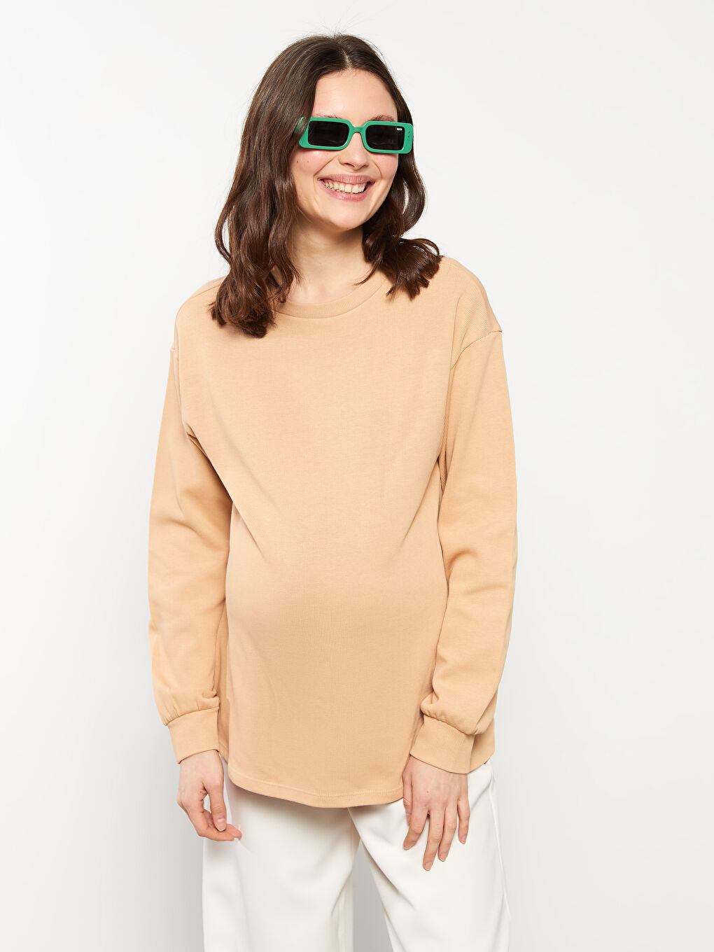 LCWAIKIKI Maternity Bej Bisiklet Yaka Düz Uzun Kollu Pamuklu Hamile Sweatshirt - 3