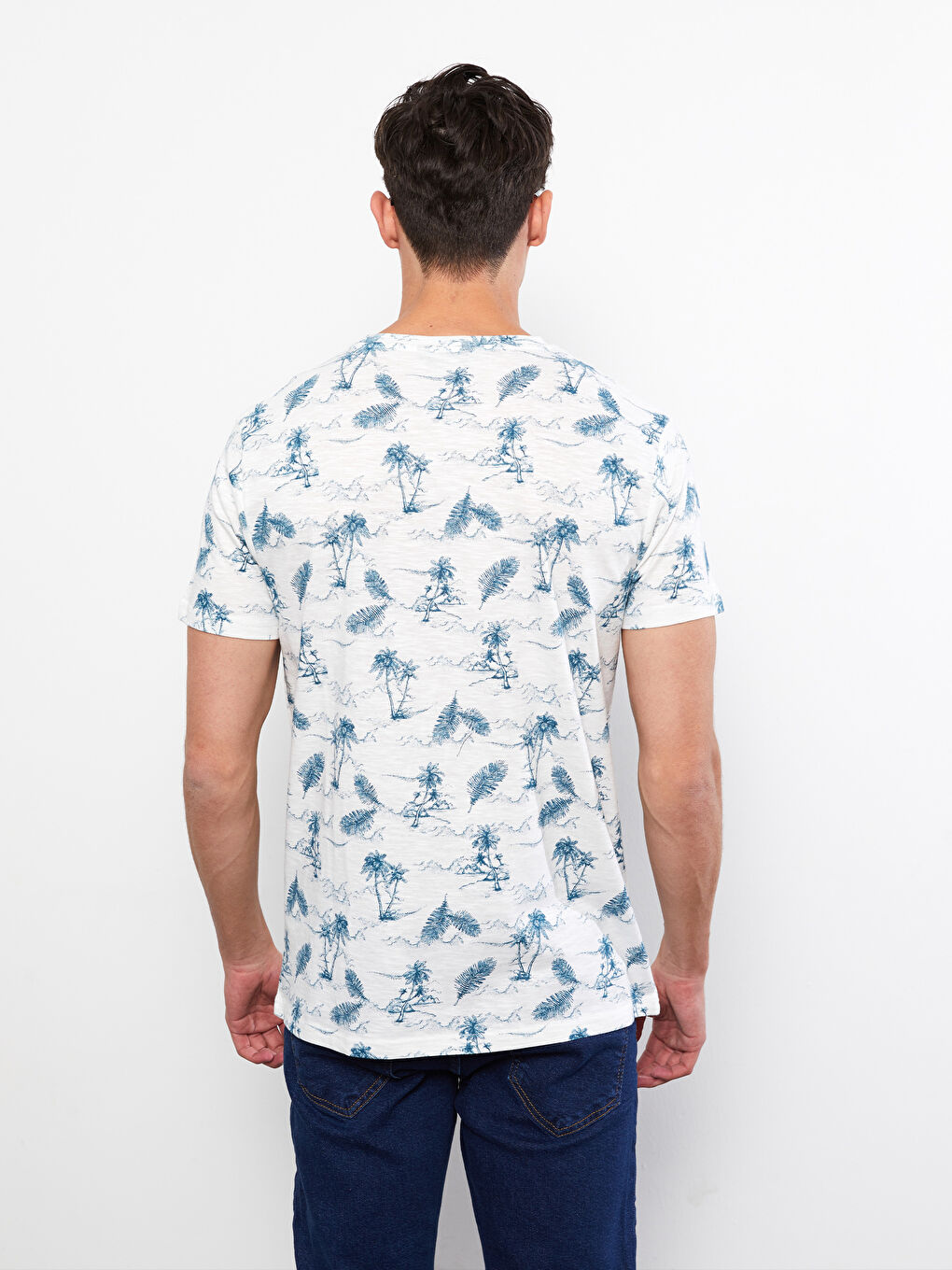 Beyaz Bisiklet Yaka Kısa Kollu Desenli Penye Erkek Tişört-4