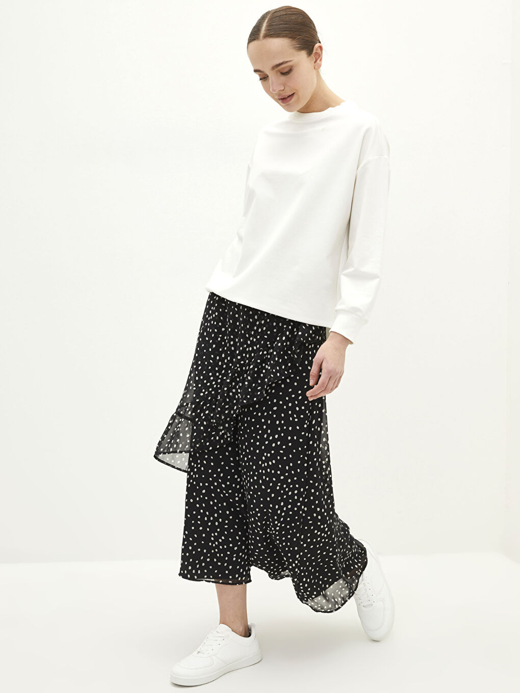 Fustă din Șifon cu Model pentru Femei cu Talie Elastică-1